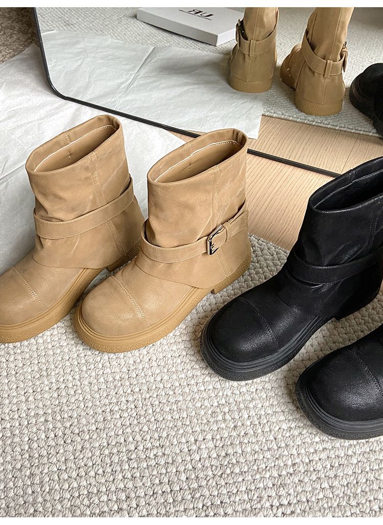 Women's Distressed Western Ankle Boots - Stacked Fold Design, Round Toe, Chunky Heel, Waterproof PU (Black, Khaki)_voghion.com