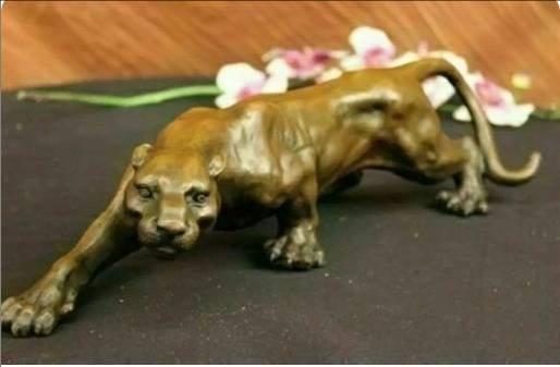 Stor 36 cm bronseskulpturstatue panter leopard jaguarkatt merket emaljedekorasjon messing bronse hjem skrivebordsdekor_voghion.com