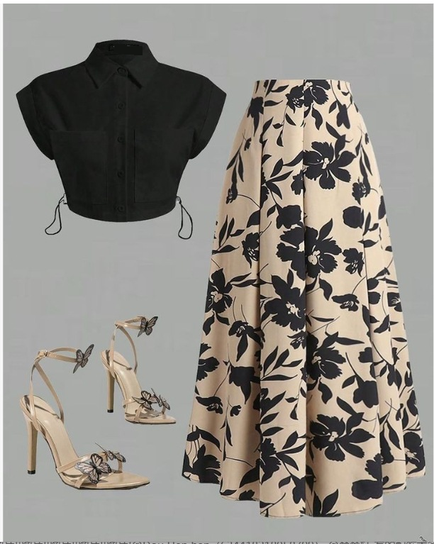 Women's Elegant Two-Piece Set - Black Off-Shoulder Crop Top & Floral High-Waist Skirt (Polyester)_voghion.com