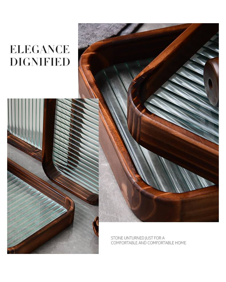 Walnut-Colored Rectangular Tray With Textured Glass - Minimalist Serving Platter For Tea, Coffee, Fruits & Desserts_voghion.com