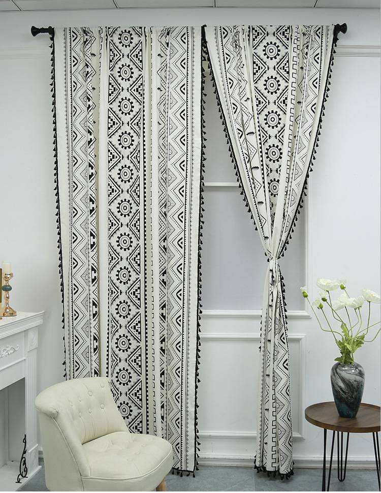 Bohemian Black & White Gear Print Linen Curtains With Black Tassels – Semi-Sheer Window Drapes For Living Room, Bedroom & Café_voghion.com