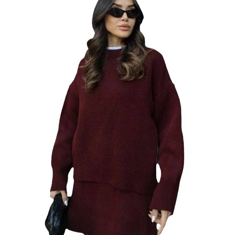 Completo da donna con maglione lavorato a maglia tinta unita e gonna a trapezio - Pullover casual preppy a maniche lunghe con minigonna (XXS-5XL, opzioni rosso scuro/nero/verde)_voghion.com