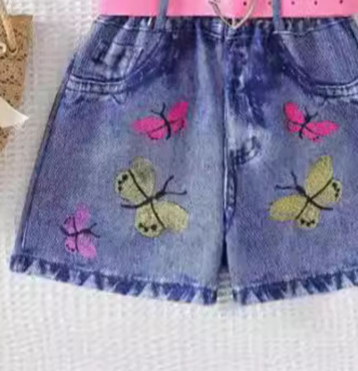 Conjunto de top con estampado de mariposas y pantalón con efecto denim para niña: conjunto suave y elegante de 2 piezas (2-3 años, 4 años, 5 años, 6 años, 7 años)_voghion.com