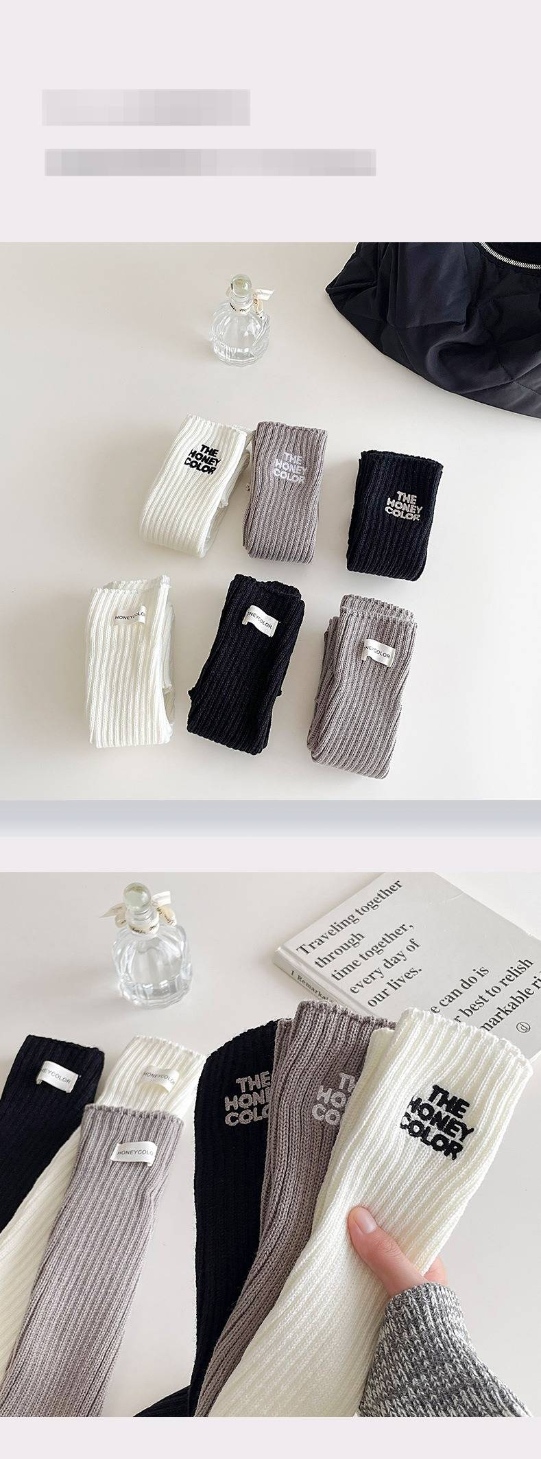 Damen Herbst und Winter Neue einfarbige Buchstaben bestickte Damensocken Dickes Nadeltuchetikett All Match Ins Style Damen Wadensocken_voghion.com