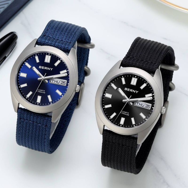 BERNY Titanium Watches For Men 10ATM Waterproof Super Luminous Quartz Analog Watch With Day Date Nylon Strap Sapphire Crystal Sport Casual Wristwatch_voghion.com
