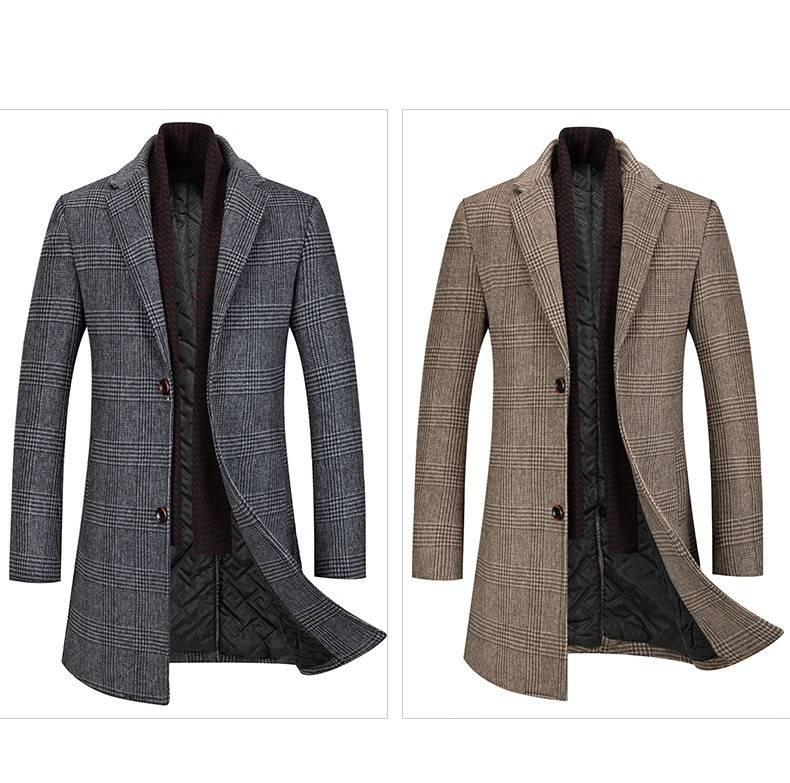 Cappotto invernale da donna in misto lana scozzese con sciarpa - Caldo cappotto lungo in tweed per donna (marrone/grigio)_voghion.com