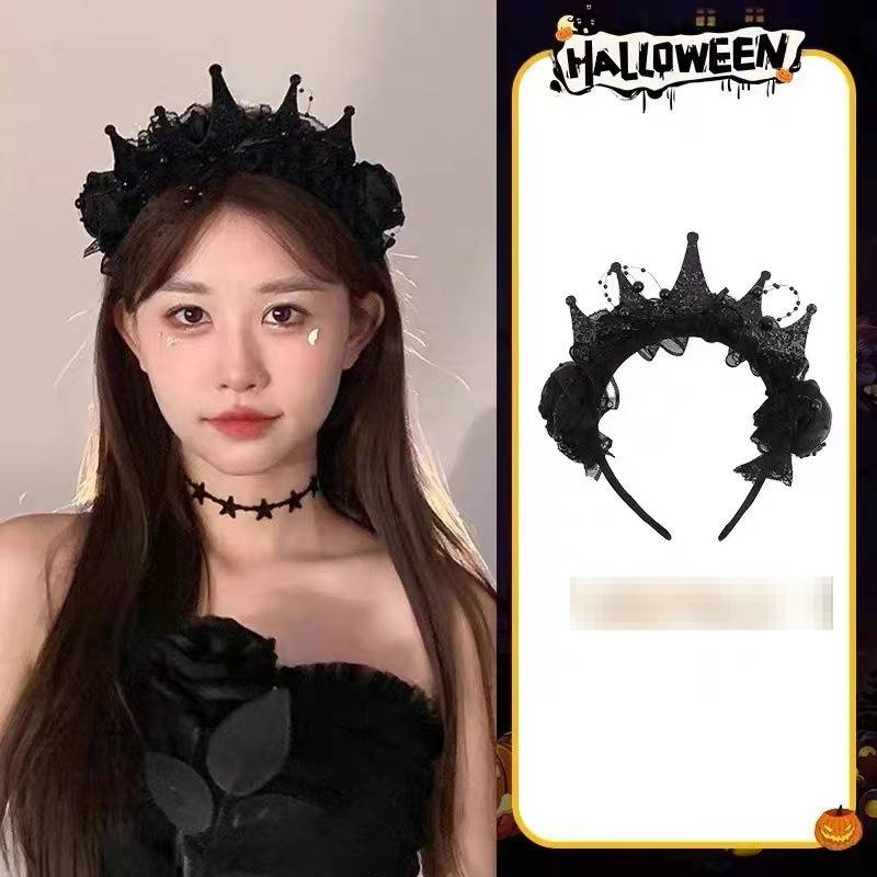 Cerchietto con corona di pizzo e rosa nera, accessorio per capelli scuri di Halloween, copricapo da regina per le feste, accessorio dolce e fantastico per capelli._voghion.com