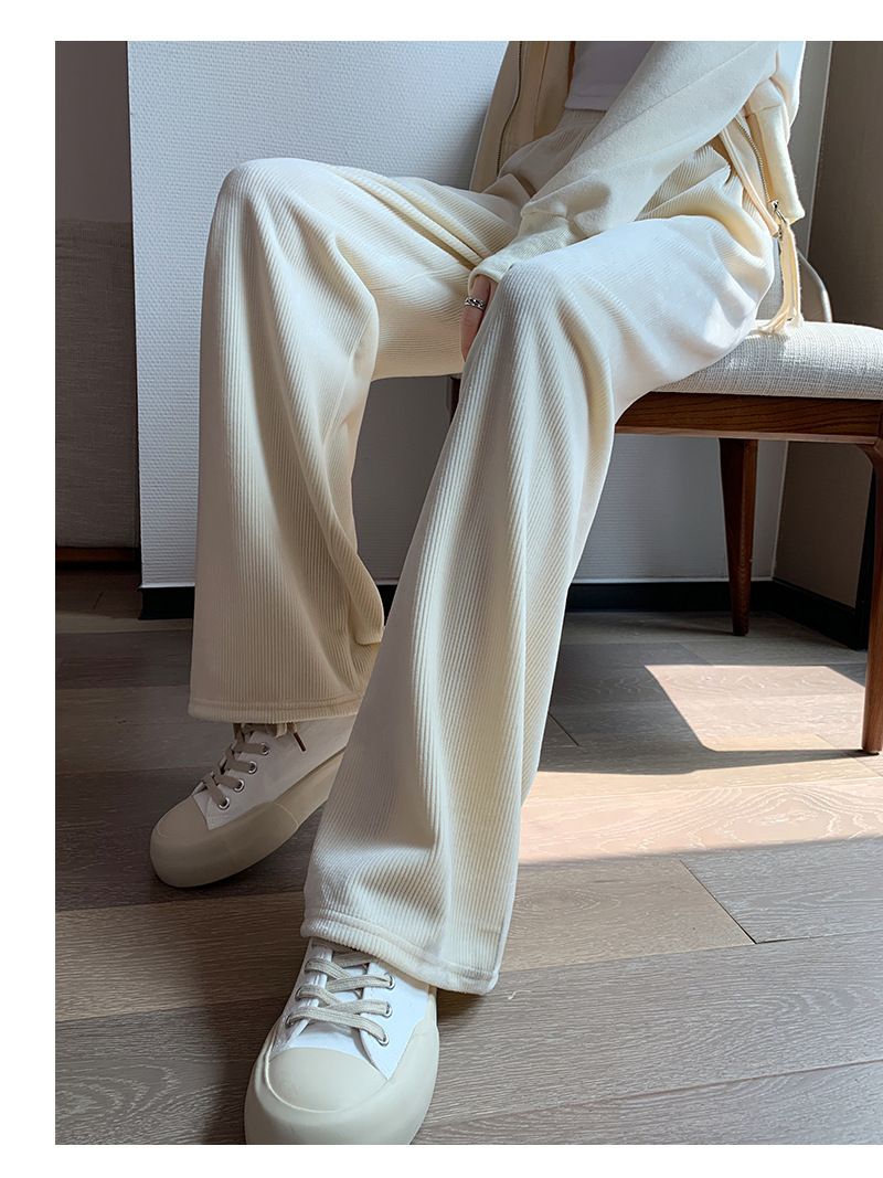 Pantaloni da donna a gamba larga in ciniglia foderati in pile - Tessuto in velluto di latte ultra morbido e caldo, pantaloni casual a vita alta dal taglio dritto con elegante drappeggio_voghion.com