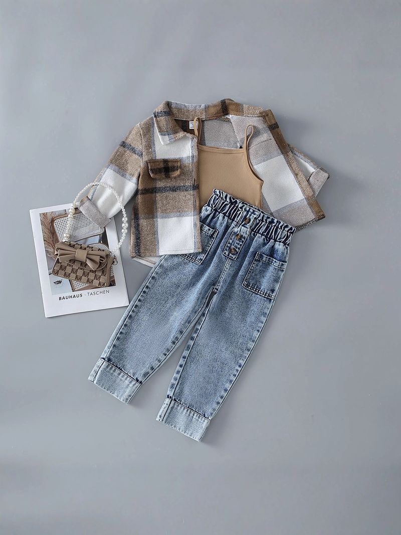 3-teiliges Herbst-Set aus Jeansweste und Cordhemd mit verwaschenen Jeans für Mädchen – weiche Baumwollmischung, stylisch und bequem (4–7 Jahre)_voghion.com