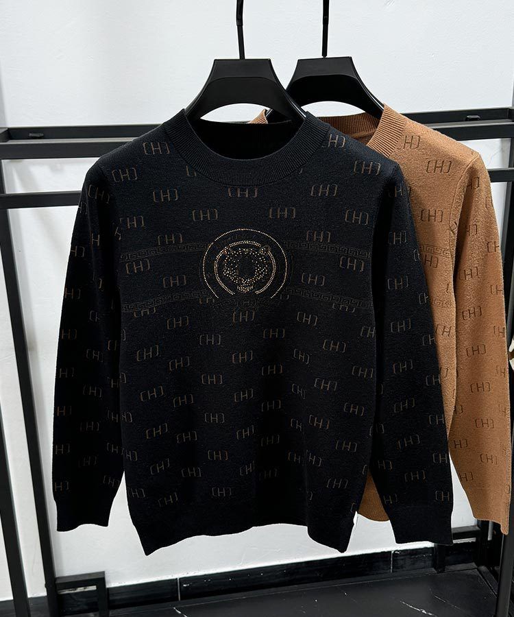 Suéter masculino de malha jacquard – pulôver canelado estiloso com gola redonda, top casual slim fit para outono e inverno_voghion.com