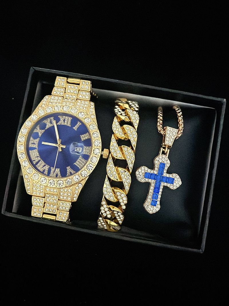 Men's Luxury Roman Numeral Quartz Watch Set With Diamond Accents And Matching Bracelet & Cross Necklace Men's Gold Watch Set_voghion.com