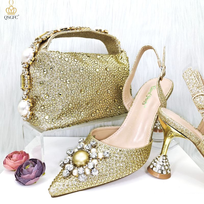 Scarpe da donna Set di scarpe e borsa da donna con punta a punta in stile semplice da festa con cinturino a diamante sul manico_voghion.com