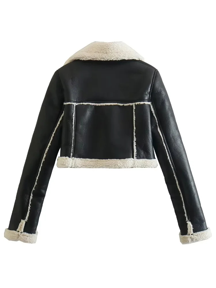 KLKXMYT TRAF kobiety 2023 moda gruby ciepły sztuczny shearling krótka kurtka płaszcz Vintage z długim rękawem zamek damska odzież wierzchnia_voghion.com