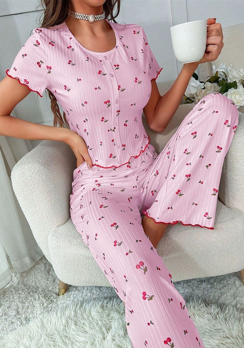 Pajamas Short-sleeved Trousers Set Women's Loungewear,Cherry Pattern Fungus Edge Front Button_voghion.com