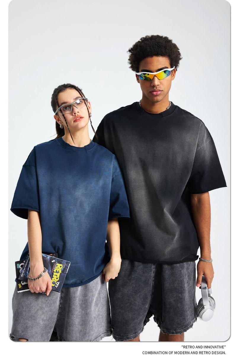 American-style Broken Collar Loose Edge Spray Dyeing Old Retro Washing Water Short-sleeved T-shirt Men_voghion.com