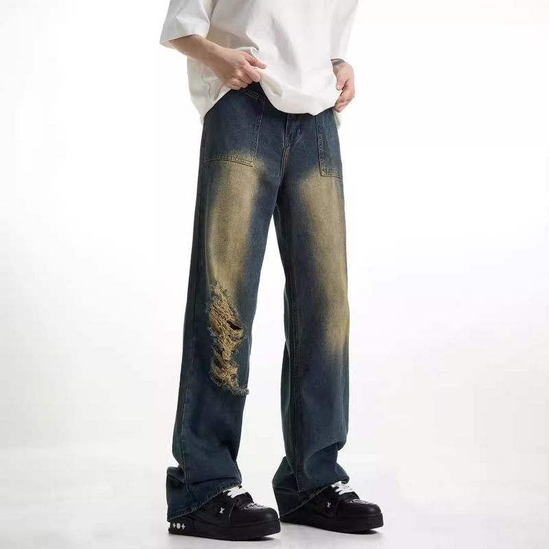 American retro drape denim jeans, men's hip-hop loose edge floor mop pants, street hip-hop design sense_voghion.com