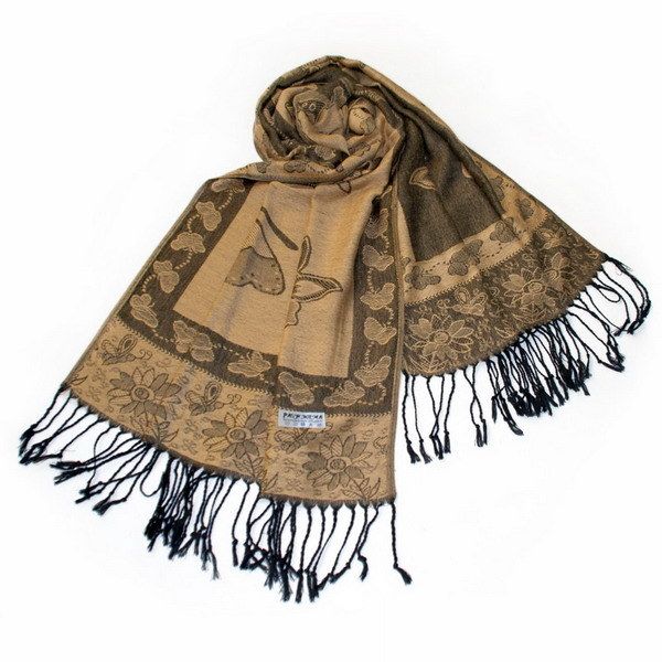 Blancho Bedding -Pa-a66-2 Khaki Big Butterfly & Flower Elegant exquisitely Soft Tassel Ends Pashmina/Shawl/Scarf_voghion.com