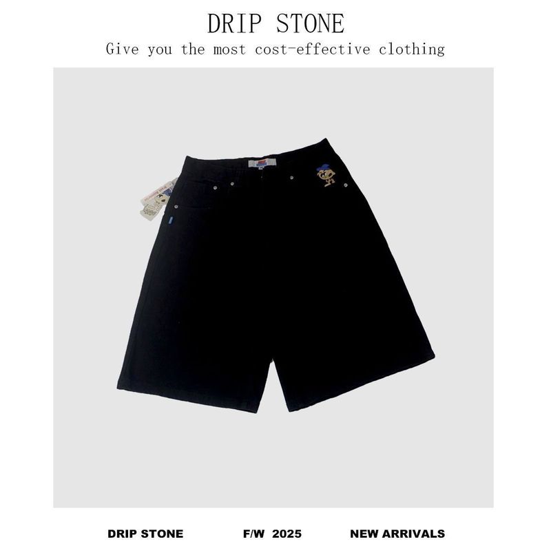 Herrenbekleidung Retro High Street Washed Embroidery Distressed Cropped-Hose Lockere, lässige Skateboard-Jeansshorts Hose mit weitem Bein_voghion.com