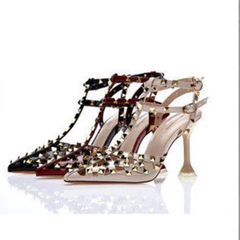 Römische Nieten im Hohlzehen-Design mit T-förmiger Schnalle, Sandalen mit spitzen Zehen und dünnem Absatz, Bankett-High-Heels für Damen_voghion.com