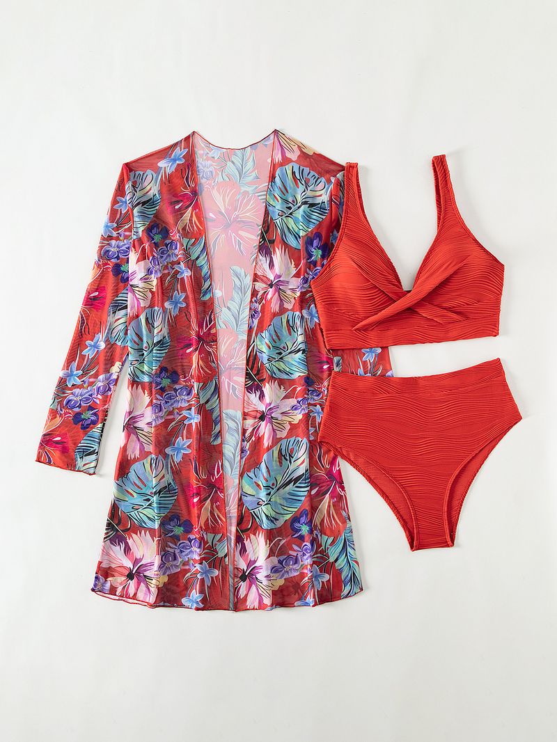 costume da bagno in tre pezzi diviso da donna a maniche lunghe bikini celebrità di Internet a vita alta tinta unita_voghion.com