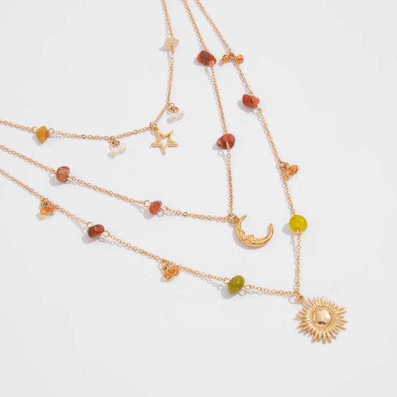 Set di collane a strati celestiali color oro per donna, ciondolo a forma di sole con perline in pietra naturale e catene di cristallo, gioielli con dichiarazione di astrologia boho_voghion.com