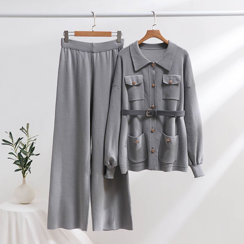 Abbigliamento da donna Autunno e inverno Maglione lavorato a maglia Completo polo Collo maglione largo Giacca vita alta Pantaloni gamba larga Completo due pezzi_voghion.com