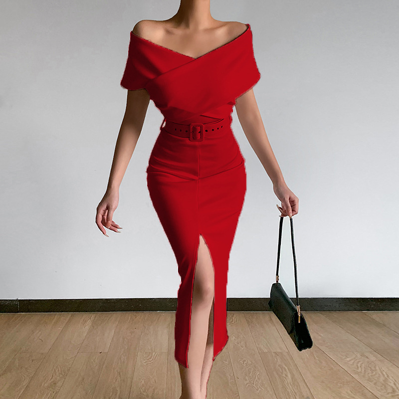elegant temperament for commuting, simplicity and maturity new style off-shoulder belt slit skirt_voghion.com