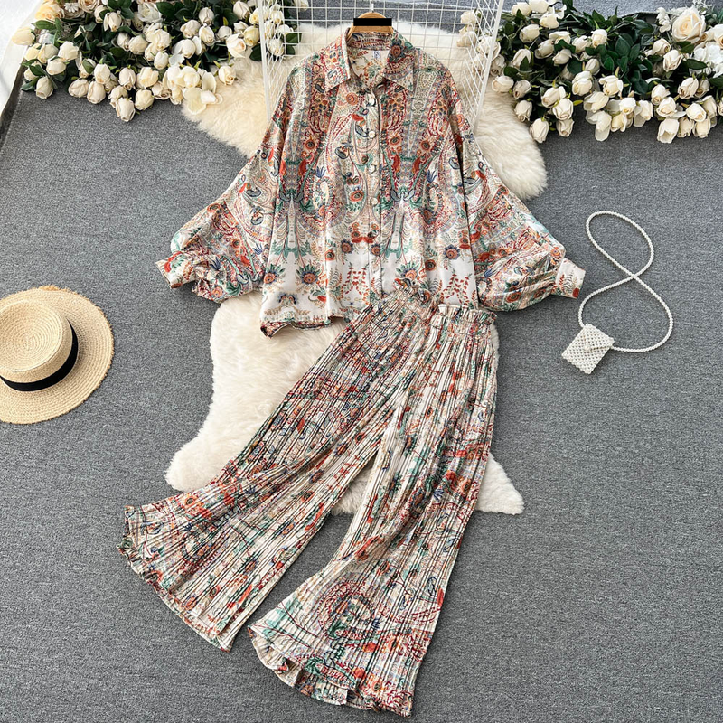 Ensemble chemise ample et polyvalente à manches lanternes pour femme, taille haute, plissée, jambe large, pantalon évasé_voghion.com