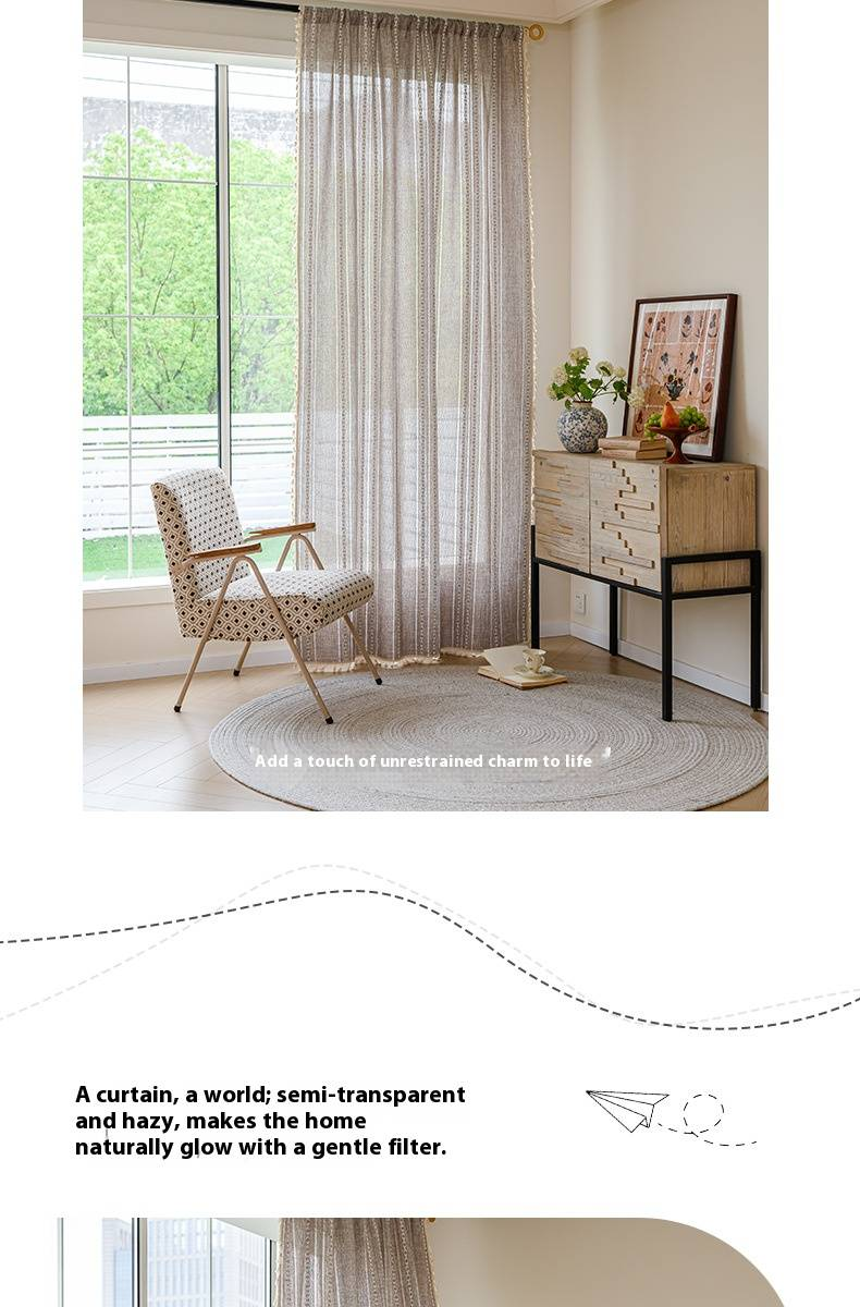 Cortinas semitransparentes de algodão e linho - Bordados minimalistas e designs listrados para cozinha, quarto e divisórias de ambientes (várias cores e tamanhos disponíveis)_voghion.com