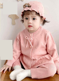 Mother & Kids Soft Cotton Baby Girl Outfit 2-Piece Set Cute Cartoon Print Long Sleeve Cardigan & Pants (White, Pink, Gray, Beige, Red, Green)_voghion.com