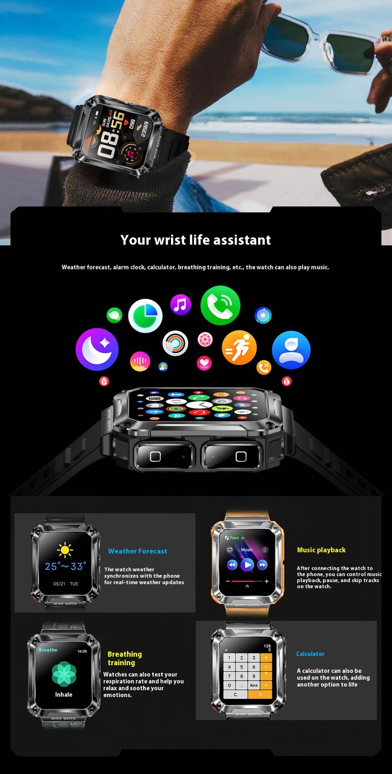 Smartwatch met bloeddruk-, hartslag- en SpO2-meter, TWS Bluetooth-oortelefoons, 2-in-1 fitnesstracker voor Android, IPX5 waterdicht_voghion.com