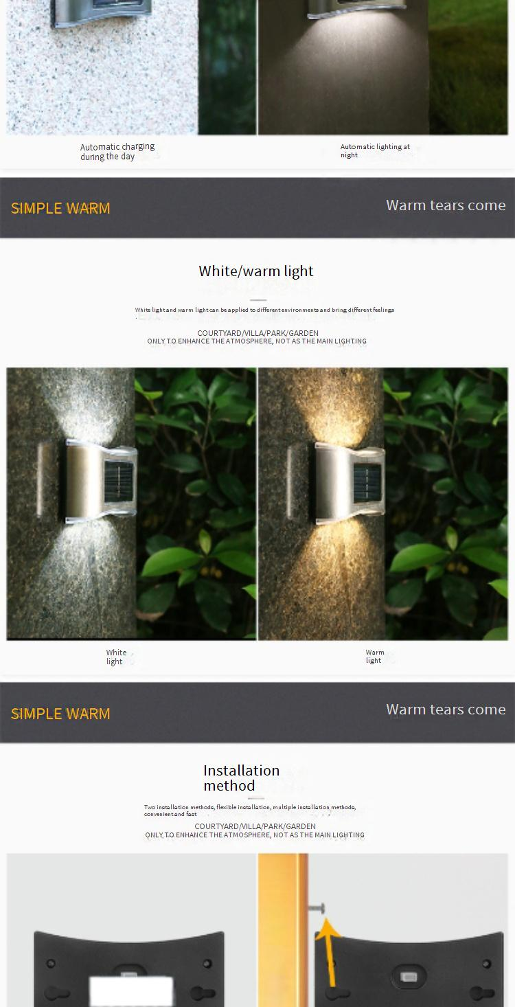 Luminária de parede LED solar, luzes de jardim externas à prova d'água com iluminação para cima e para baixo, branco quente/mudança de cor, aço inoxidável_voghion.com