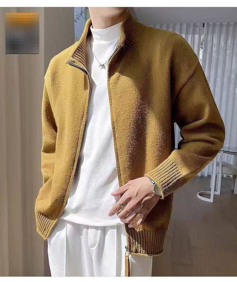 Men's British-Style Knit Jacket - Zip-Up Stand Collar Sweater (Black/Mustard/Green, M-XXXL)_voghion.com