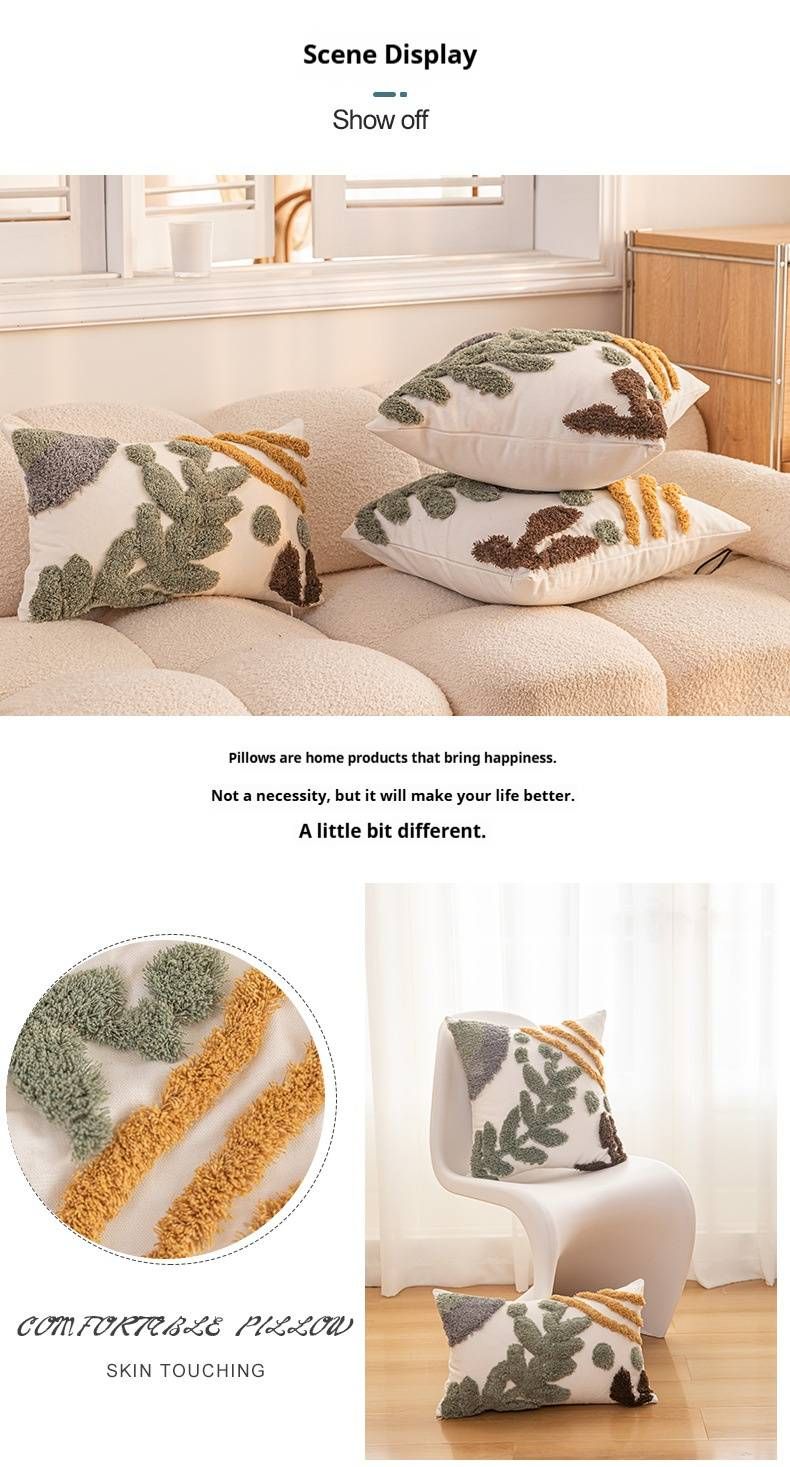 Minimalistischer getufteter Kissenbezug – Kissenhülle mit botanischem Blattdesign für Sofa, Bett und Auto (Polyester-Baumwoll-Mischgewebe, inklusive Einsatz aus PP-Baumwolle)_voghion.com