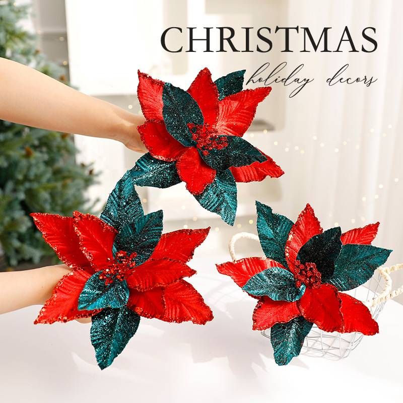Premium Christmas Flannel Fabric Handmade Artificial Flowers – Red & Green Holiday Decor For Trees, Wreaths, And Home Styling_voghion.com