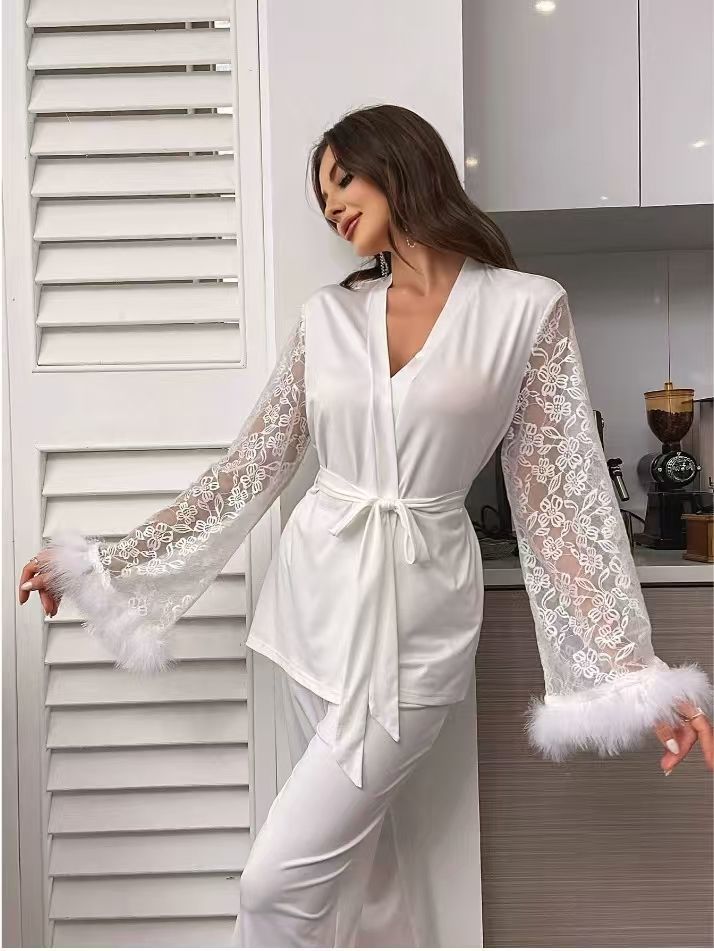 2025 New Style Patchwork V-Neck Pajama Robe Set For Home Wear, Can Be Worn Outside_voghion.com