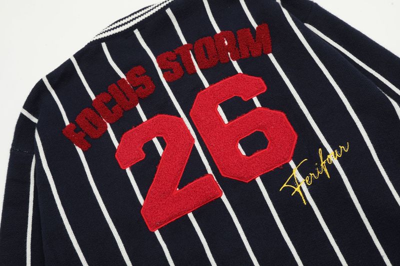 American Trendy Brand Flocking Embroidery Contrast Color Vertical Stripes V-Neck Men's Loose Lazy Sports Style Knitted_voghion.com