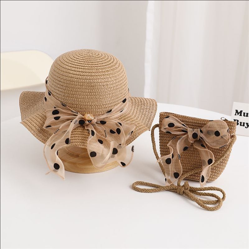 Nuovo set di cappelli e borse parasole con fiocco coreano a pois e onde di paglia per bambini, dolce e carino_voghion.com