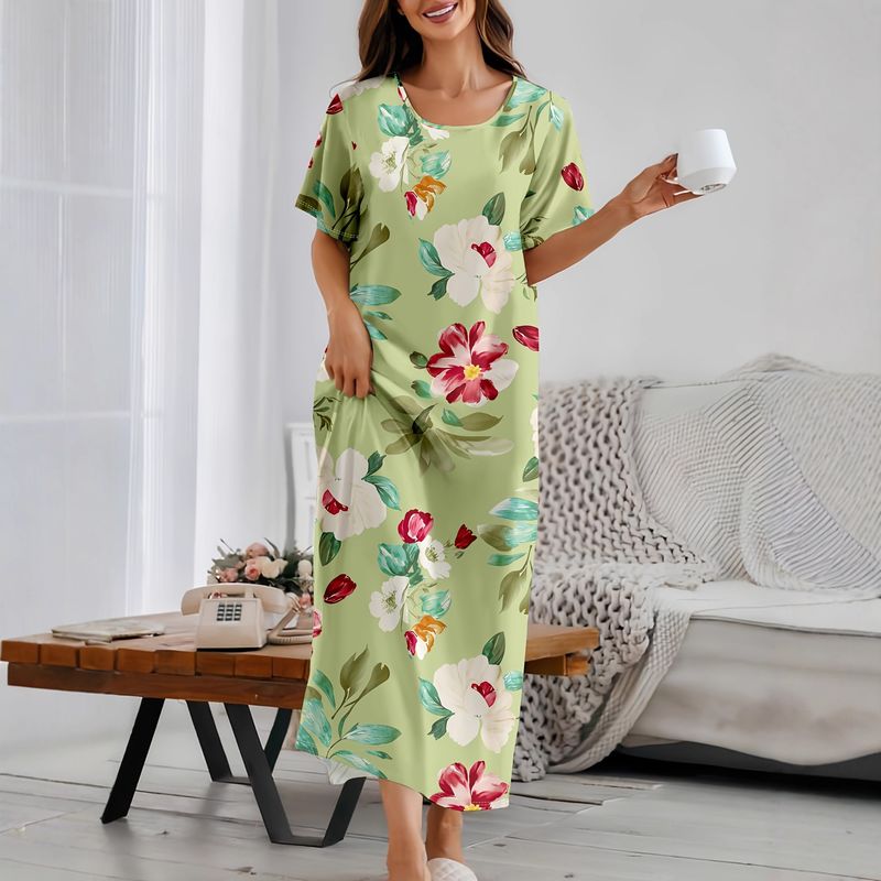 Nightgown Women's Summer Thin Short Sleeved Flower Print Pajamas Internet Celebrity Live Broadcast Can Be Worn Outside Cross Border Home Clothes_voghion.com