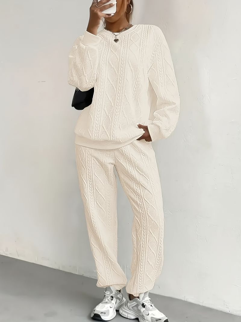 Strukturiert, um ein Gefühl entspannter Entspannung freizusetzen. Pullover-Sets, langärmlige Sportbekleidung mit Rundhalsausschnitt und Jogginghosen_voghion.com