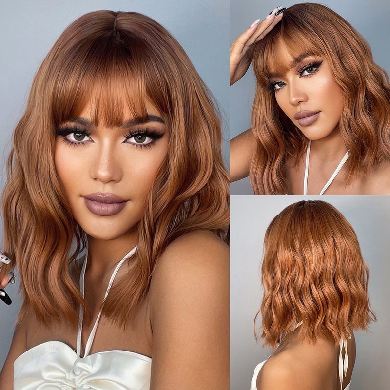 HAIRCUBE parrucca sintetica ondulata con frangia caschetto corto parrucche rosa parrucca riccia ondulata lunghezza spalle parrucca Cosplay parrucca colorata quotidiana_voghion.com