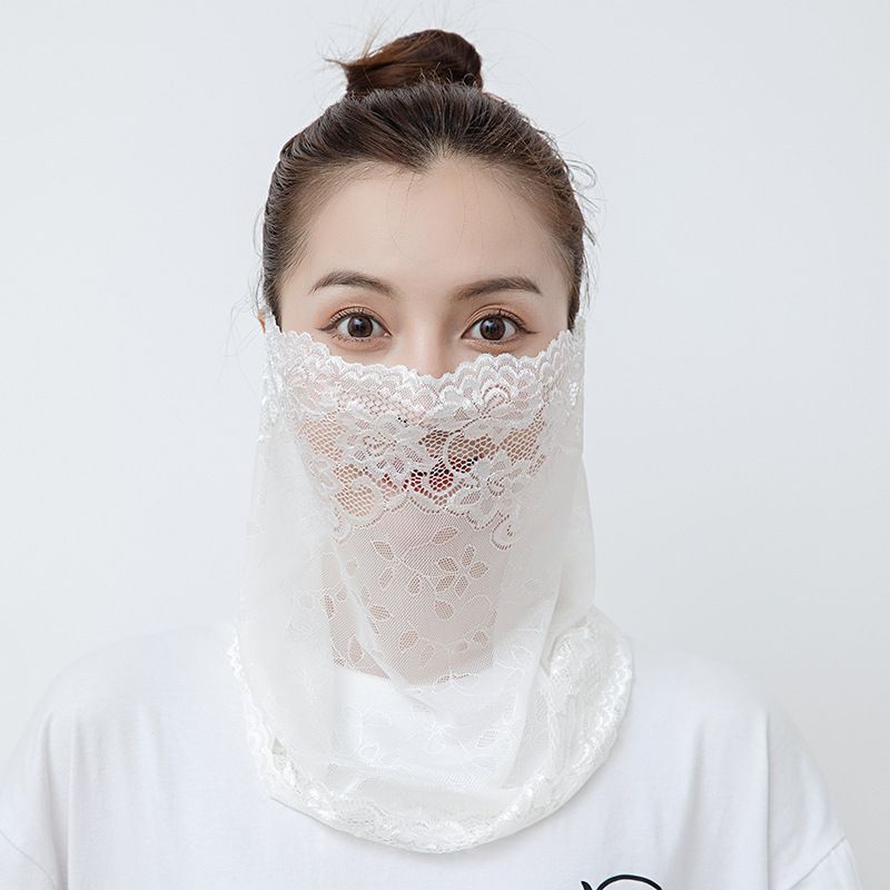 Velo de protección solar de encaje, fino, transpirable, integrado, para mujer, cuello, mascarilla facial completa de verano_voghion.com