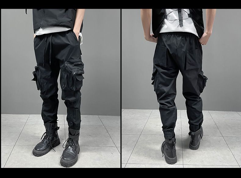 Pantaloni tattici da paracadutista in stile scuro da uomo - Pantaloni cargo slim fit con tasche con cerniera e design funzionale (nero, verde militare)_voghion.com