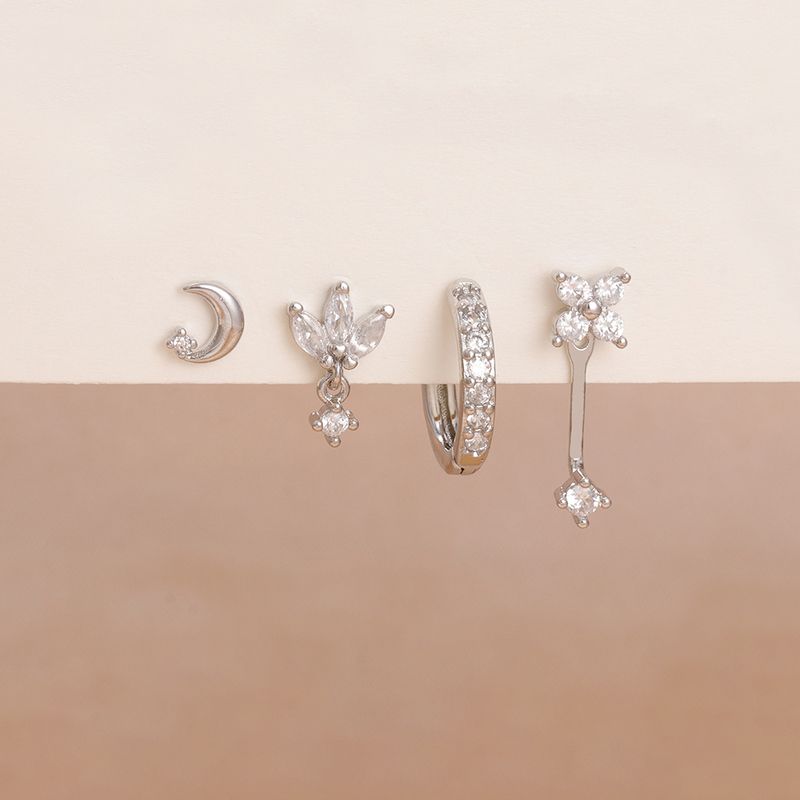 Set di 4 orecchini a cerchio piccoli con stella e luna e fiore in zircone per donna, orecchini pendenti Huggies in acciaio inossidabile, gioielli Aretes_voghion.com