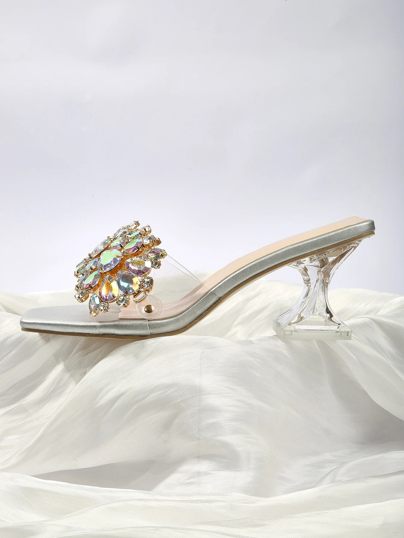 Bright Sier Summer Transparent Crystal Half Trailer High Heel with Thick Heels and Large Sized Outwear Fashion Sandals_voghion.com