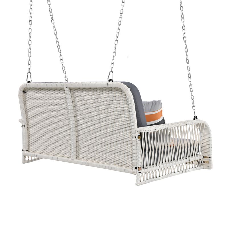 PE Wicker Porch Swing, 2-Seater Hanging Bench With Chains, Patio Furniture Swing For Backyard Garden Poolside_voghion.com