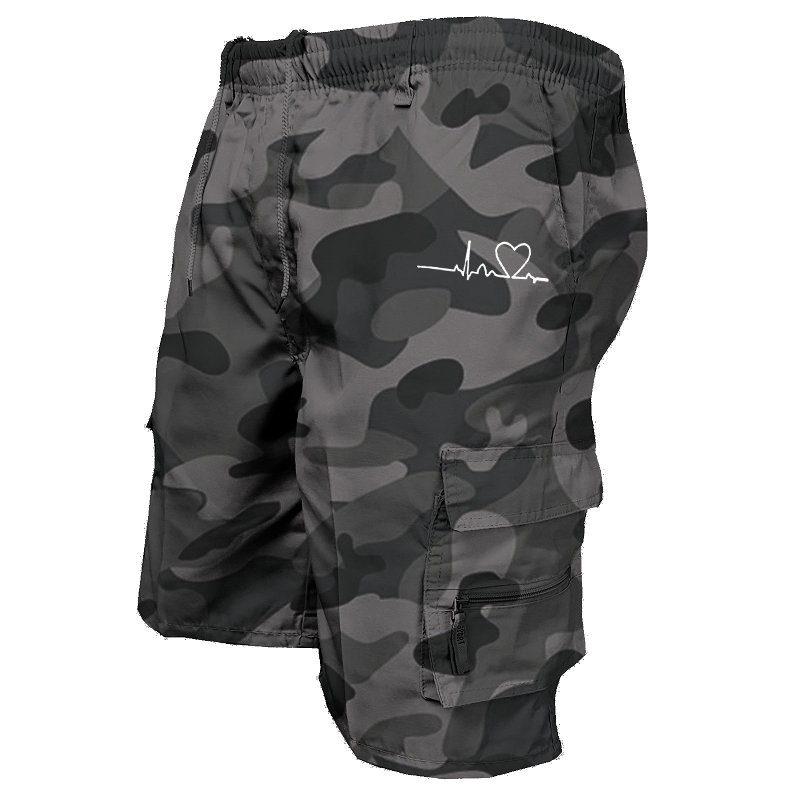 Herrshorts med EKG-tryck och hjärtslag – taktisk design med fyra fickor, snabbtorkande, rynkfria tyg och förstärkt stretch._voghion.com