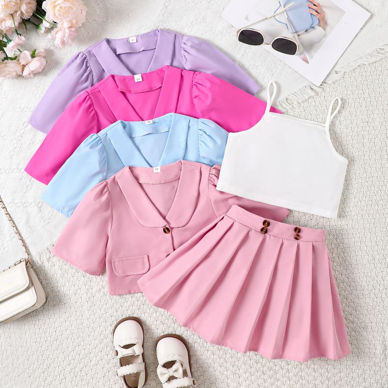 Νέο καλοκαιρινό παιδικό γιλέκο καμιζόλας για μικρά και μεσαία μεγέθη + πλισέ κοντή φούστα + κοντομάνικο μπουφάν κοστουμιού, μοντέρνο σετ για κορίτσια_voghion.com