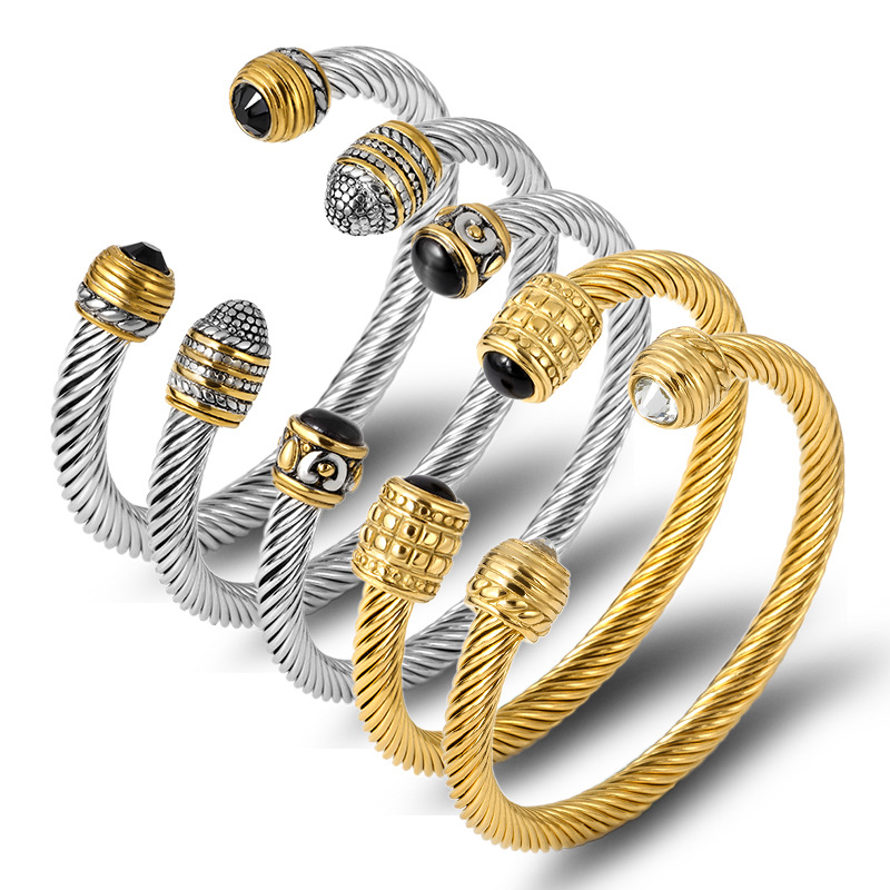 2PCS Hot selling titanium twisted room gold stainless steel wire rope cable bracelet,_voghion.com