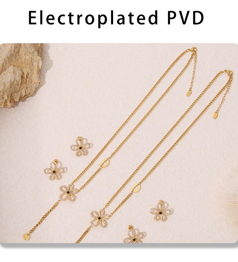 Texture handmade zircon flower earrings necklace set titanium steel plated real gold color preserving female_voghion.com